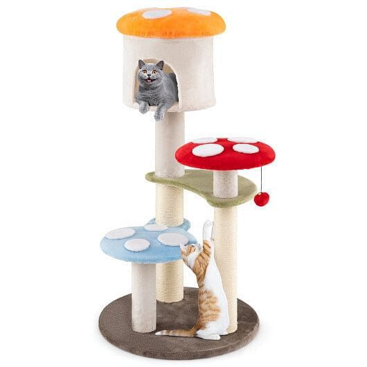 Cute Mushroom Cat Tree with Sisal Scratching Posts Top Condo and Padded Platforms-Multicolor-4