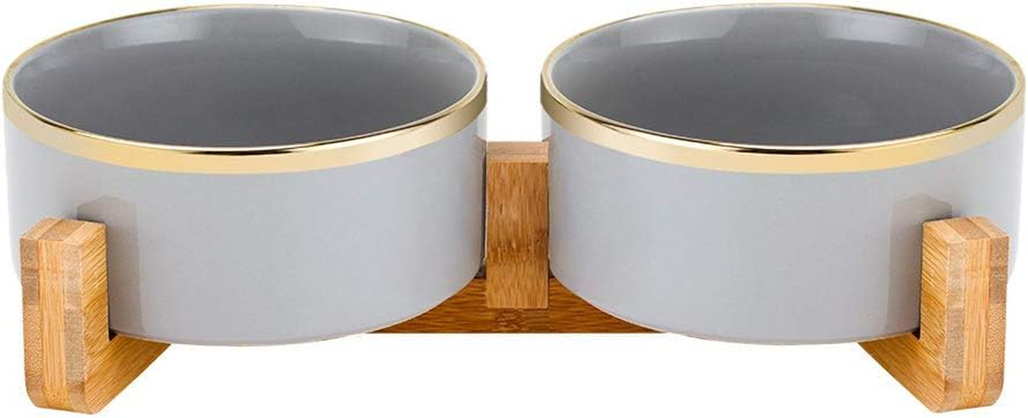 Green Gold Ceramic Cat Dog Bowl Dish with Wood Stand No Spill Pet Food Water Feeder Cats Large Dogs Set of 2