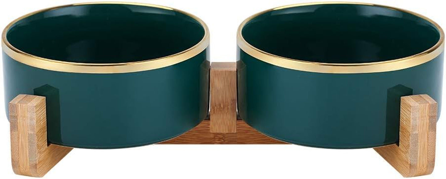 Green Gold Ceramic Cat Dog Bowl Dish with Wood Stand No Spill Pet Food Water Feeder Cats Large Dogs Set of 2