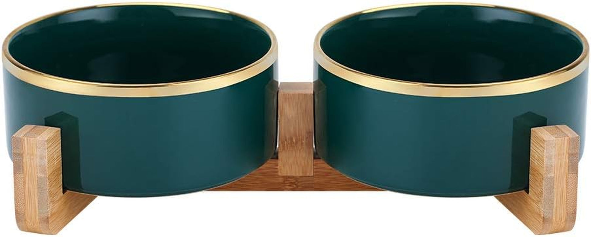 Green Gold Ceramic Cat Dog Bowl Dish with Wood Stand No Spill Pet Food Water Feeder Cats Large Dogs Set of 2