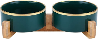 Green Gold Ceramic Cat Dog Bowl Dish with Wood Stand No Spill Pet Food Water Feeder Cats Large Dogs Set of 2