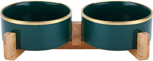 Green Gold Ceramic Cat Dog Bowl Dish with Wood Stand No Spill Pet Food Water Feeder Cats Large Dogs Set of 2