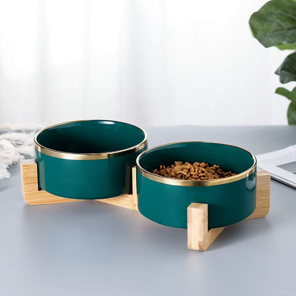 Green Gold Ceramic Cat Dog Bowl Dish with Wood Stand No Spill Pet Food Water Feeder Cats Large Dogs Set of 2