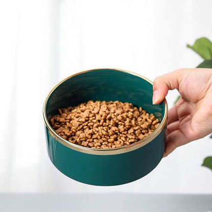 Green Gold Ceramic Cat Dog Bowl Dish with Wood Stand No Spill Pet Food Water Feeder Cats Large Dogs Set of 2