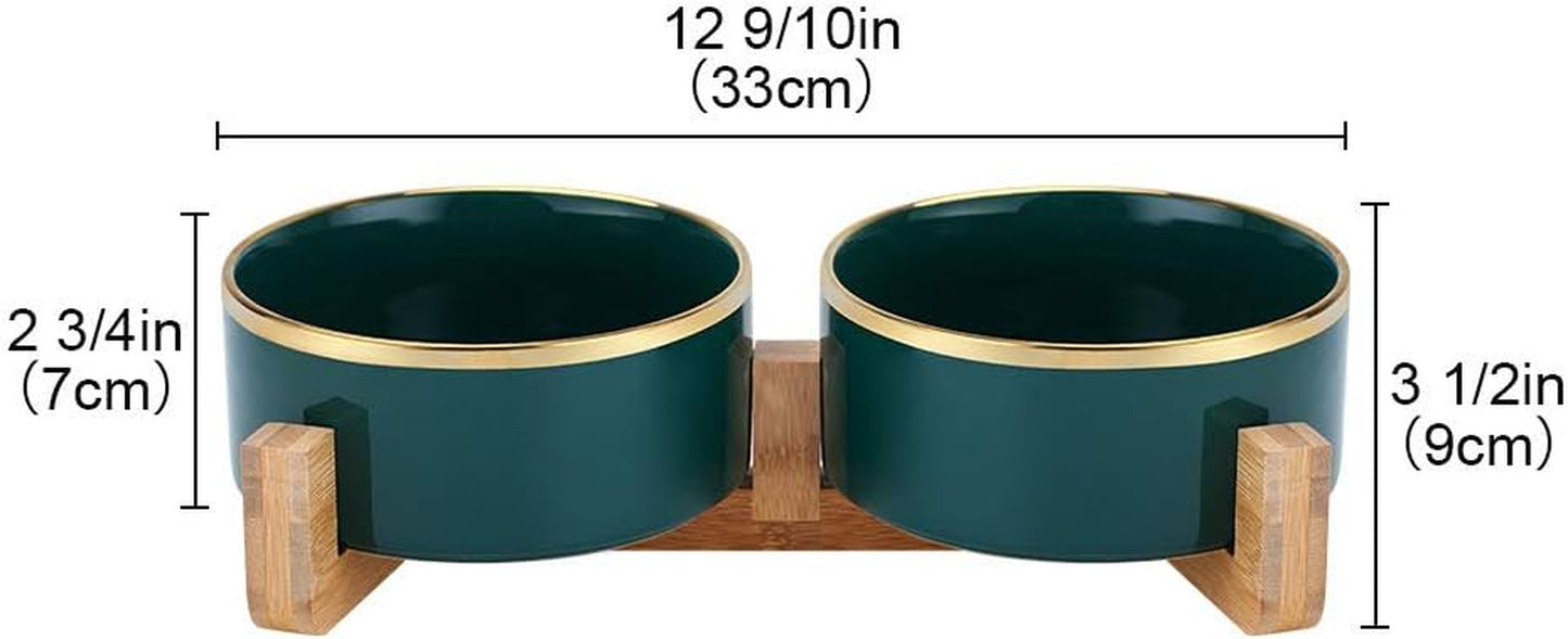 Green Gold Ceramic Cat Dog Bowl Dish with Wood Stand No Spill Pet Food Water Feeder Cats Large Dogs Set of 2