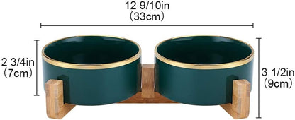 Green Gold Ceramic Cat Dog Bowl Dish with Wood Stand No Spill Pet Food Water Feeder Cats Large Dogs Set of 2