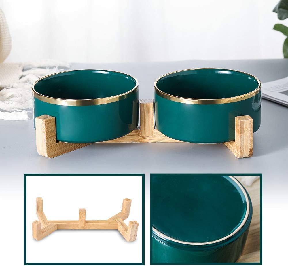 Green Gold Ceramic Cat Dog Bowl Dish with Wood Stand No Spill Pet Food Water Feeder Cats Large Dogs Set of 2
