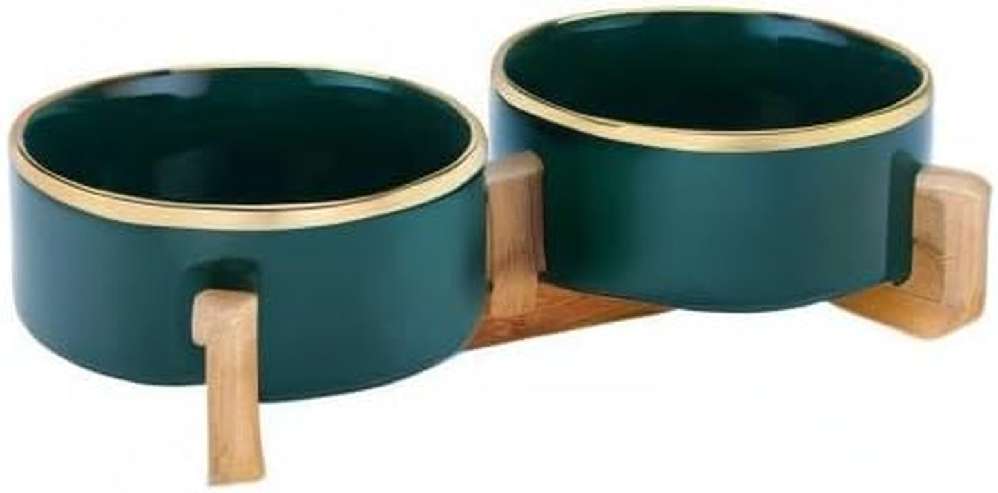 Green Gold Ceramic Cat Dog Bowl Dish with Wood Stand No Spill Pet Food Water Feeder Cats Large Dogs Set of 2