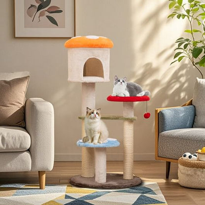 Cute Mushroom Cat Tree with Sisal Scratching Posts Top Condo and Padded Platforms-Multicolor-0