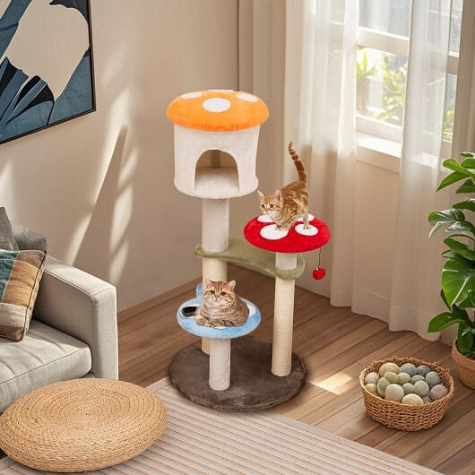 Cute Mushroom Cat Tree with Sisal Scratching Posts Top Condo and Padded Platforms-Multicolor-1