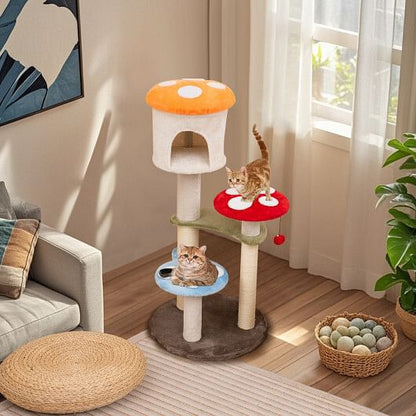 Cute Mushroom Cat Tree with Sisal Scratching Posts Top Condo and Padded Platforms-Multicolor-1