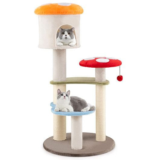 Cute Mushroom Cat Tree with Sisal Scratching Posts Top Condo and Padded Platforms-Multicolor-2