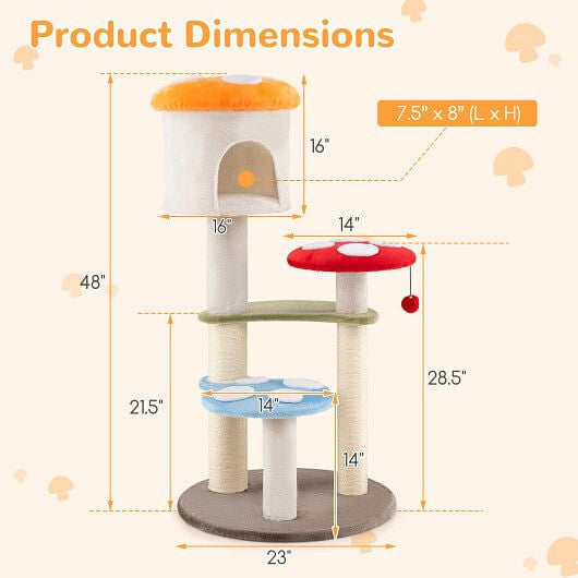 Cute Mushroom Cat Tree with Sisal Scratching Posts Top Condo and Padded Platforms-Multicolor-3
