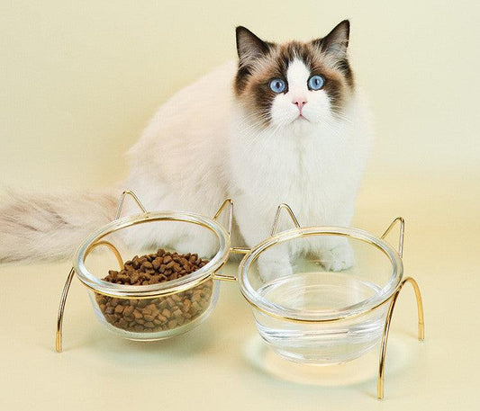 Sparkling Glass Cat Bowl With Elevated Metal Rack - Stylish And Functional Pet Feeder-0