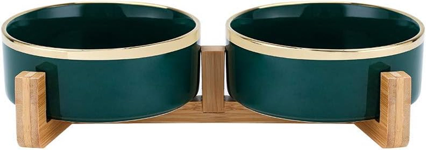 Green Gold Ceramic Cat Dog Bowl Dish with Wood Stand No Spill Pet Food Water Feeder Cats Large Dogs Set of 2