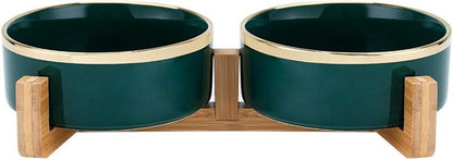 Green Gold Ceramic Cat Dog Bowl Dish with Wood Stand No Spill Pet Food Water Feeder Cats Large Dogs Set of 2