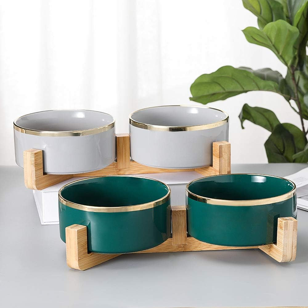 Green Gold Ceramic Cat Dog Bowl Dish with Wood Stand No Spill Pet Food Water Feeder Cats Large Dogs Set of 2