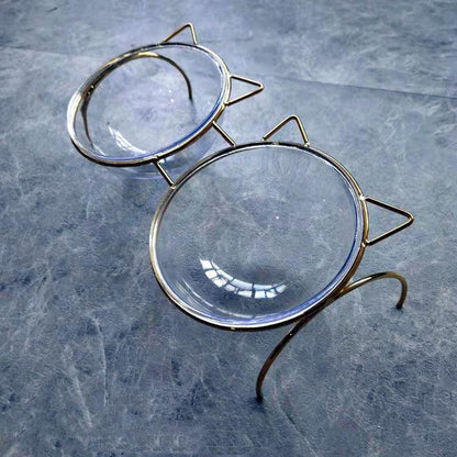 Sparkling Glass Cat Bowl With Elevated Metal Rack - Stylish And Functional Pet Feeder-3