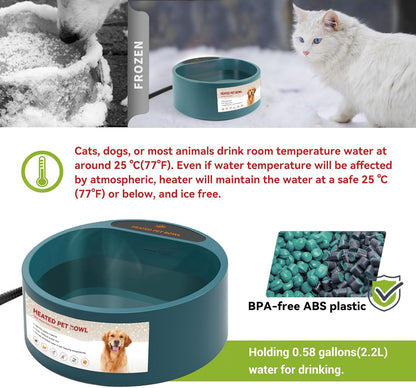 Heated Water Bowl for Cats Outdoor, 2.2L, Heated Pet Bowls for Chickens Rabbits Farm Animals, Heating Dog Bowl Ice Free in Winter, Thermal-Bowls Warm Water Bird Bath Dish, Green